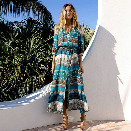 Women's Clothing Plus Color Bohemian Print New Dress Beach Skirt